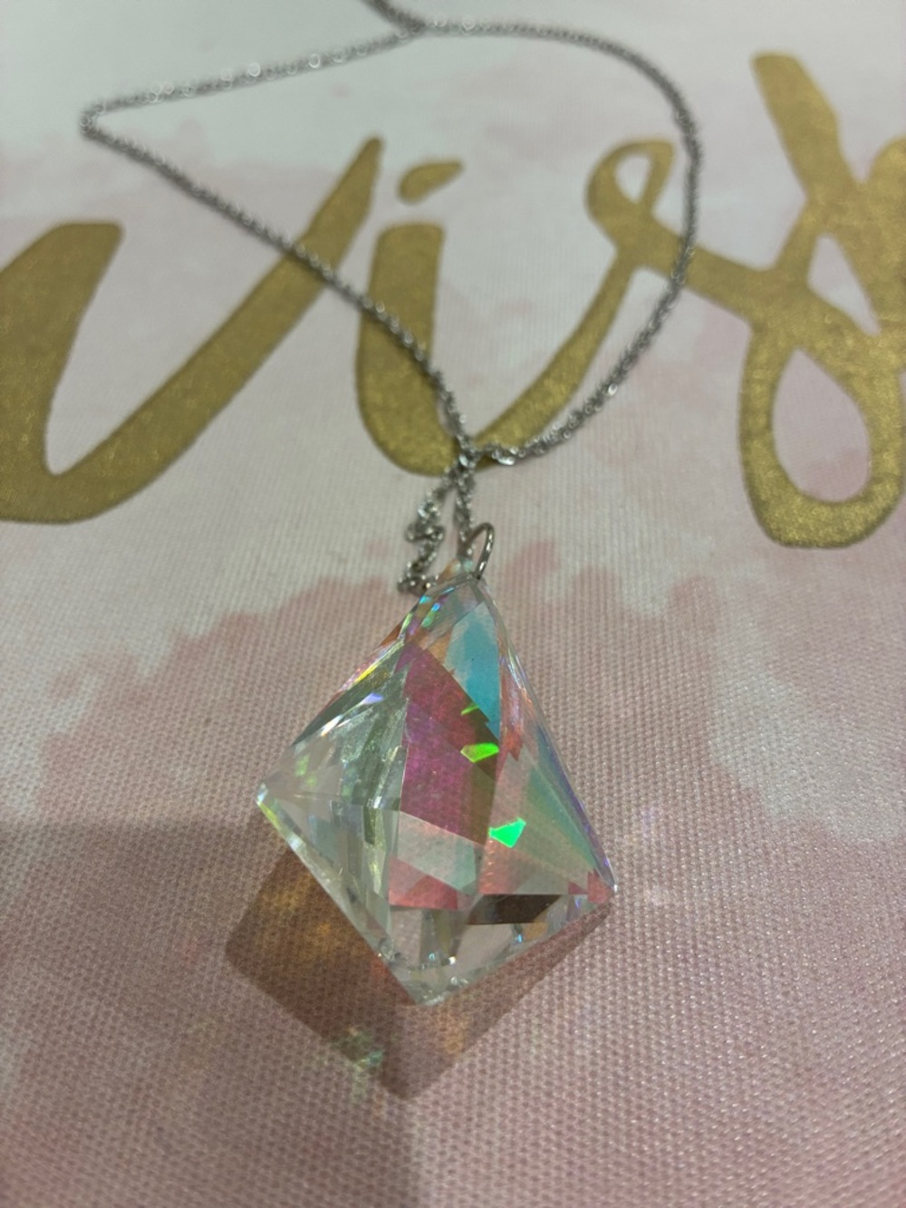 Iridescent Multicolored Lead Glass Crystal Pendant Necklace - Silver Chain
